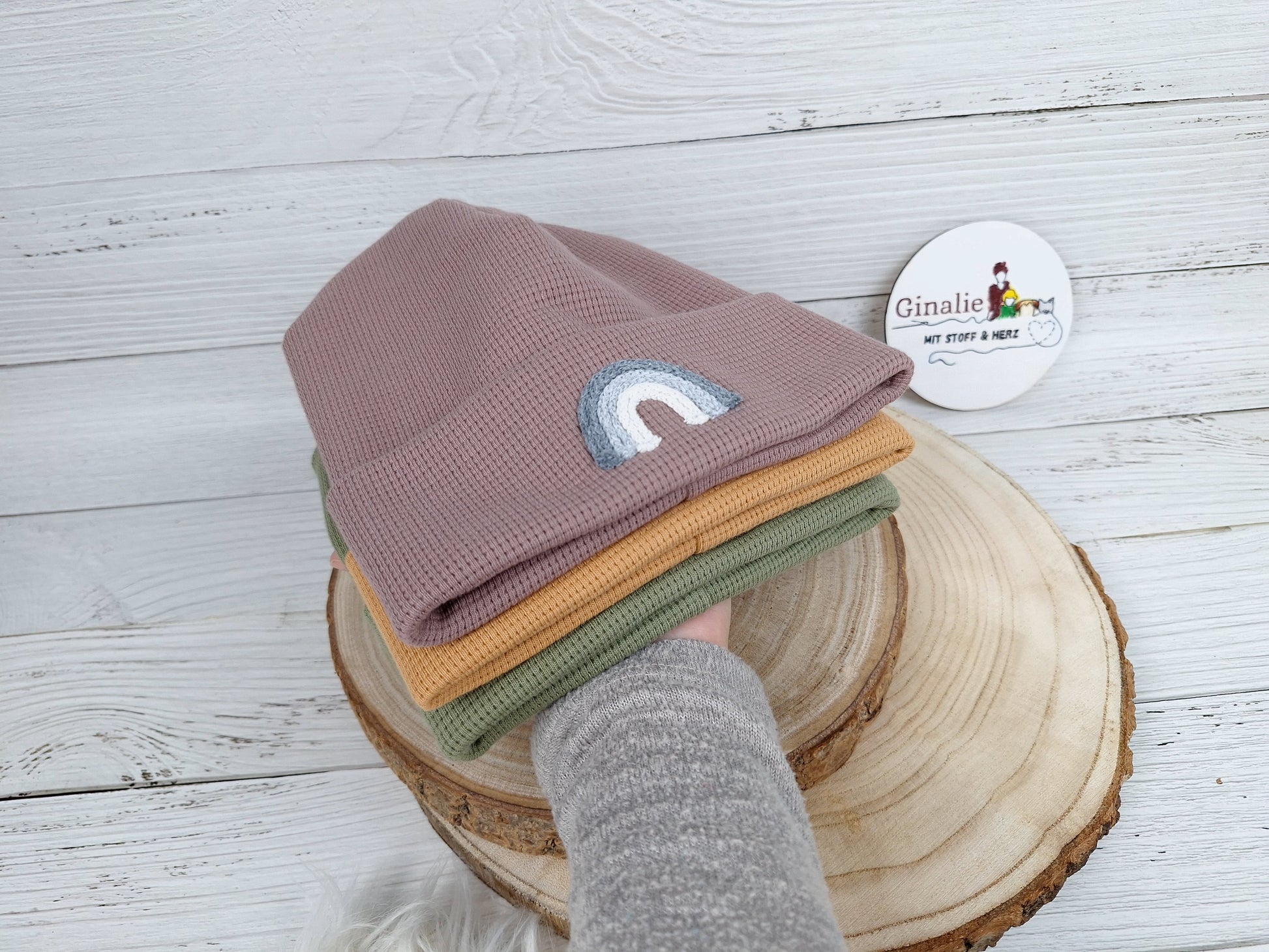 Waffeljersey Beanie • Mit Regenbogen-Kordel