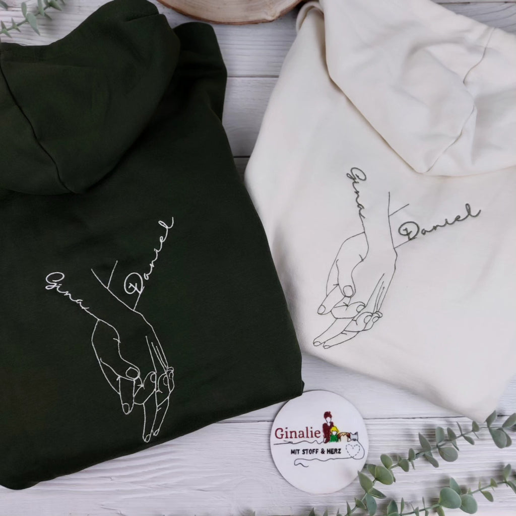 Partner Hoodie Set • Hand-in-Hand Stickerei mit Namen & Herz