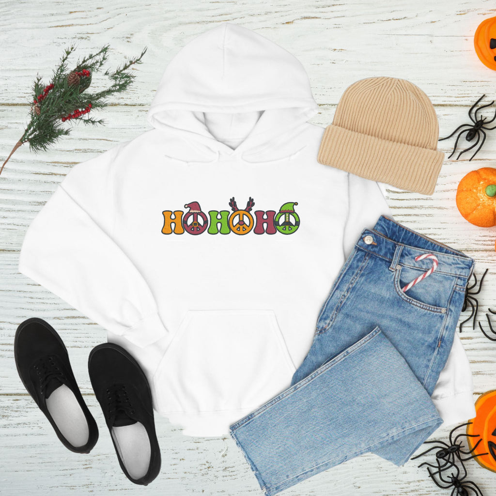Weihnachts-Hoodie • HO HO HO – Peace-Zeichen, Mütze, Geweih & Elfenmütze