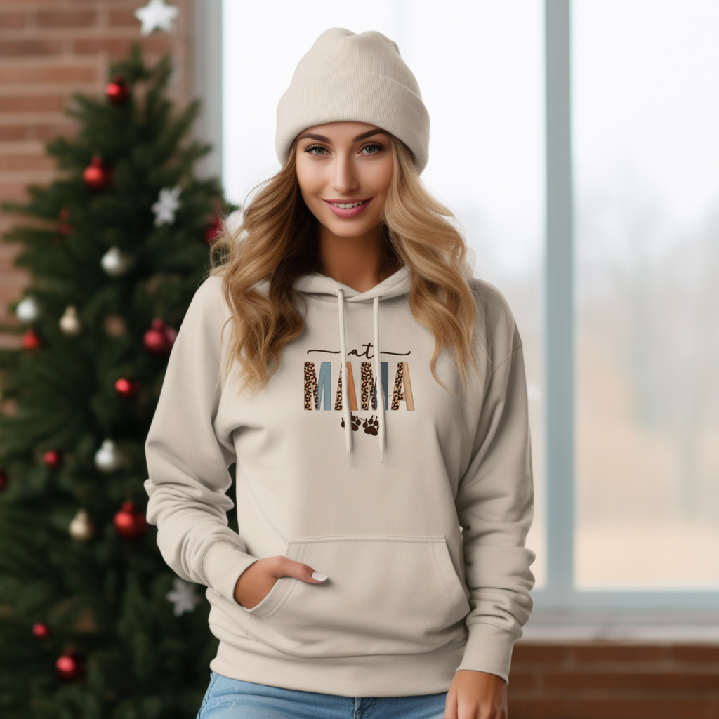 Hoodie • Cat Mama (Leopard-Details & Pfoten, Unisex, gestickt)