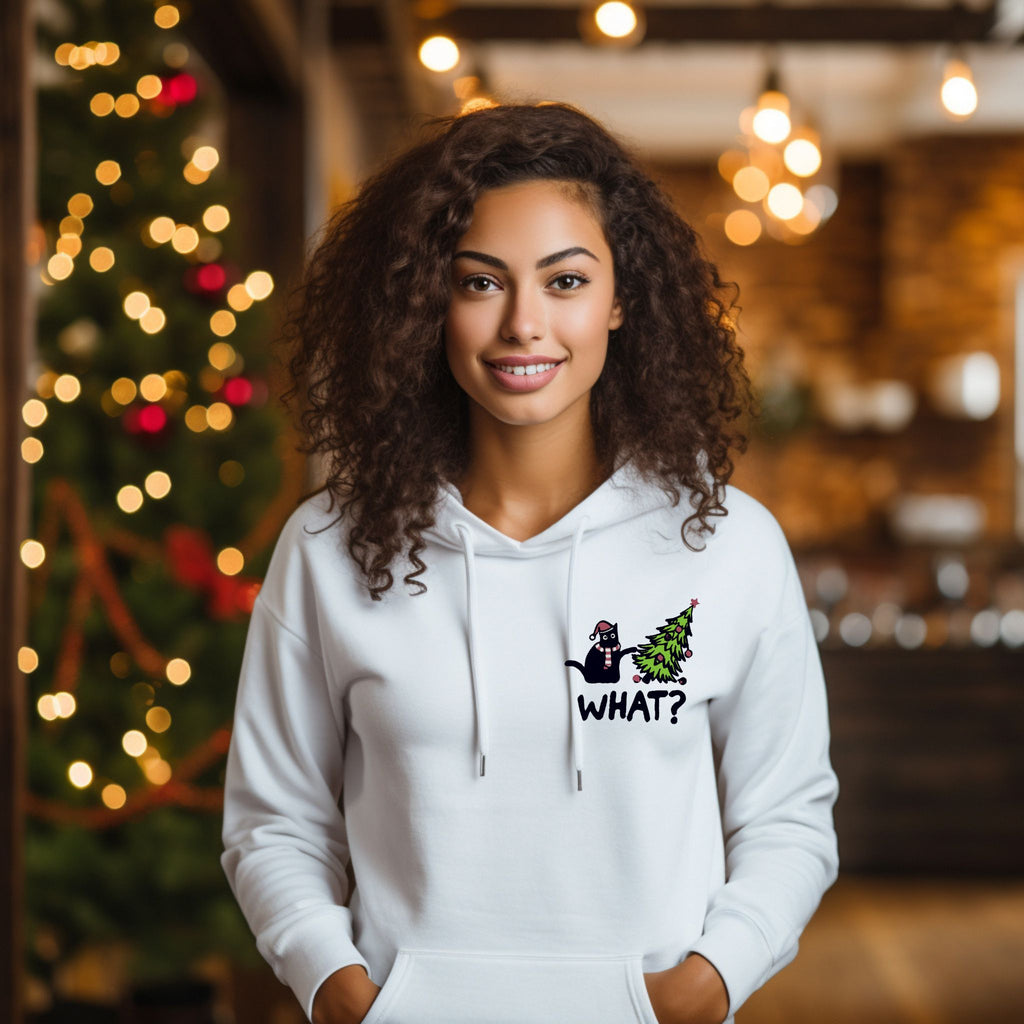 Weihnachts-Hoodie • Katze mit Weihnachtsmütze & schiefem Baum – „WHAT?“