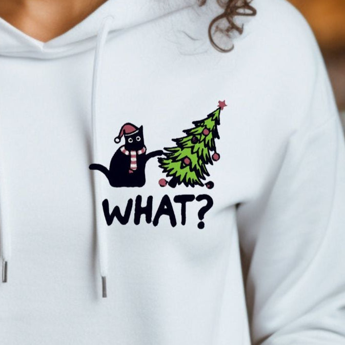 Weihnachts-Hoodie • Katze mit Weihnachtsmütze & schiefem Baum – „WHAT?“
