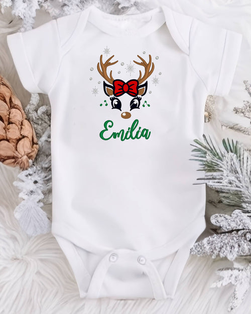Babybody Weihnachten • Rentier mit Schleife – Name inklusive • bestickt