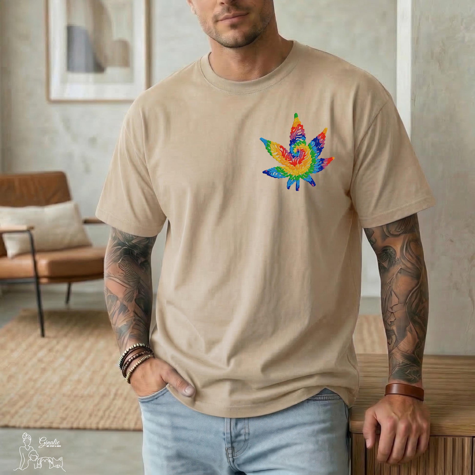 Cannabisblatt Bruststickerei SP09 • Regenbogen Stickerei • T-Shirt, Hoodie & Sweatshirt