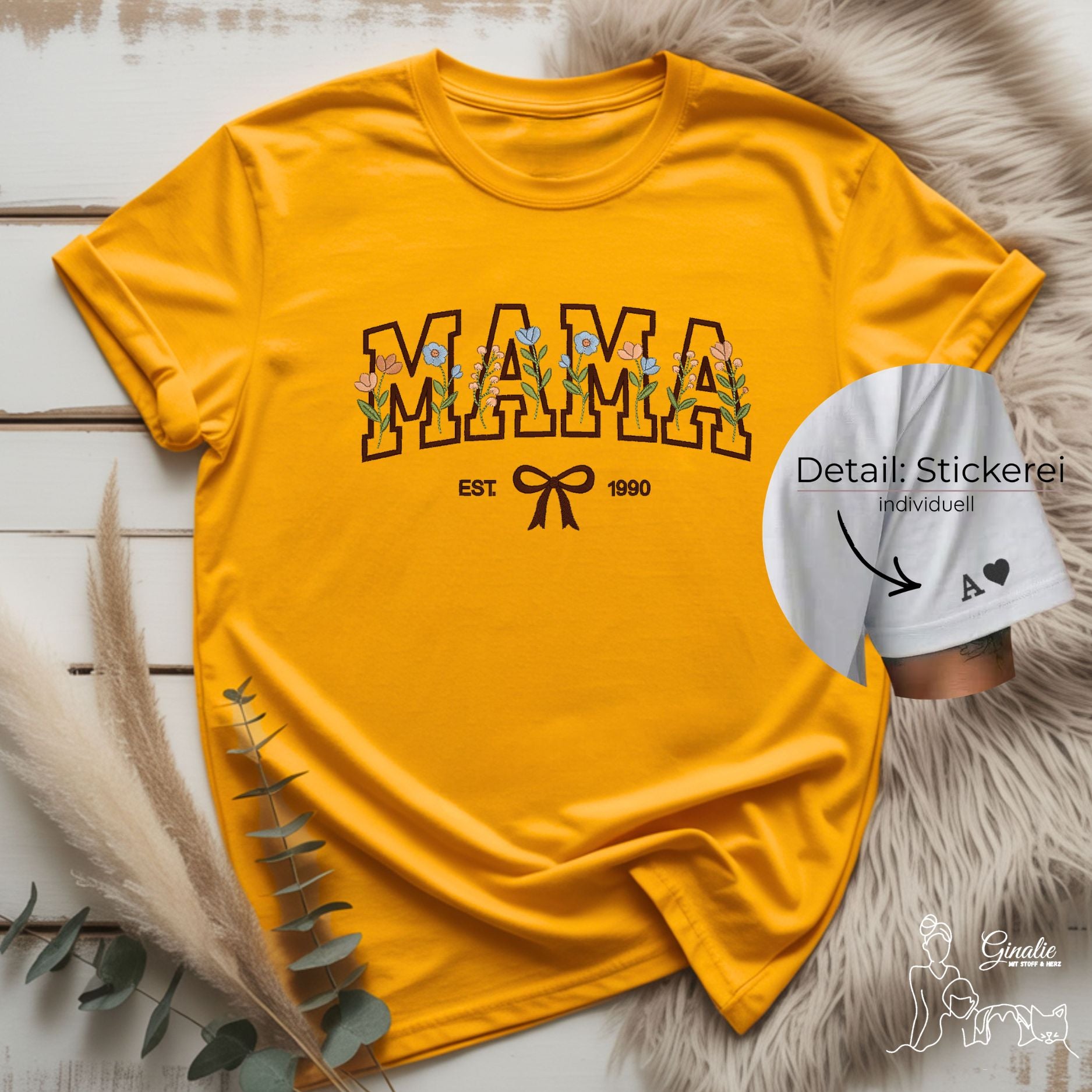 Mama T-Shirt • personalisiert mit Geburtsjahr & Ärmel-Initialen • florales Design