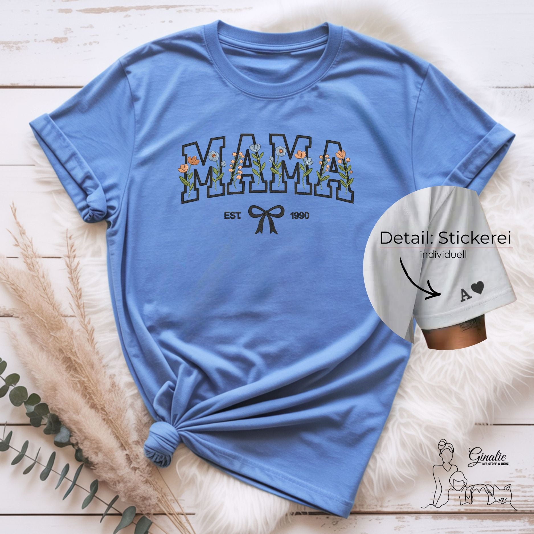 Mama T-Shirt • personalisiert mit Geburtsjahr & Ärmel-Initialen • florales Design