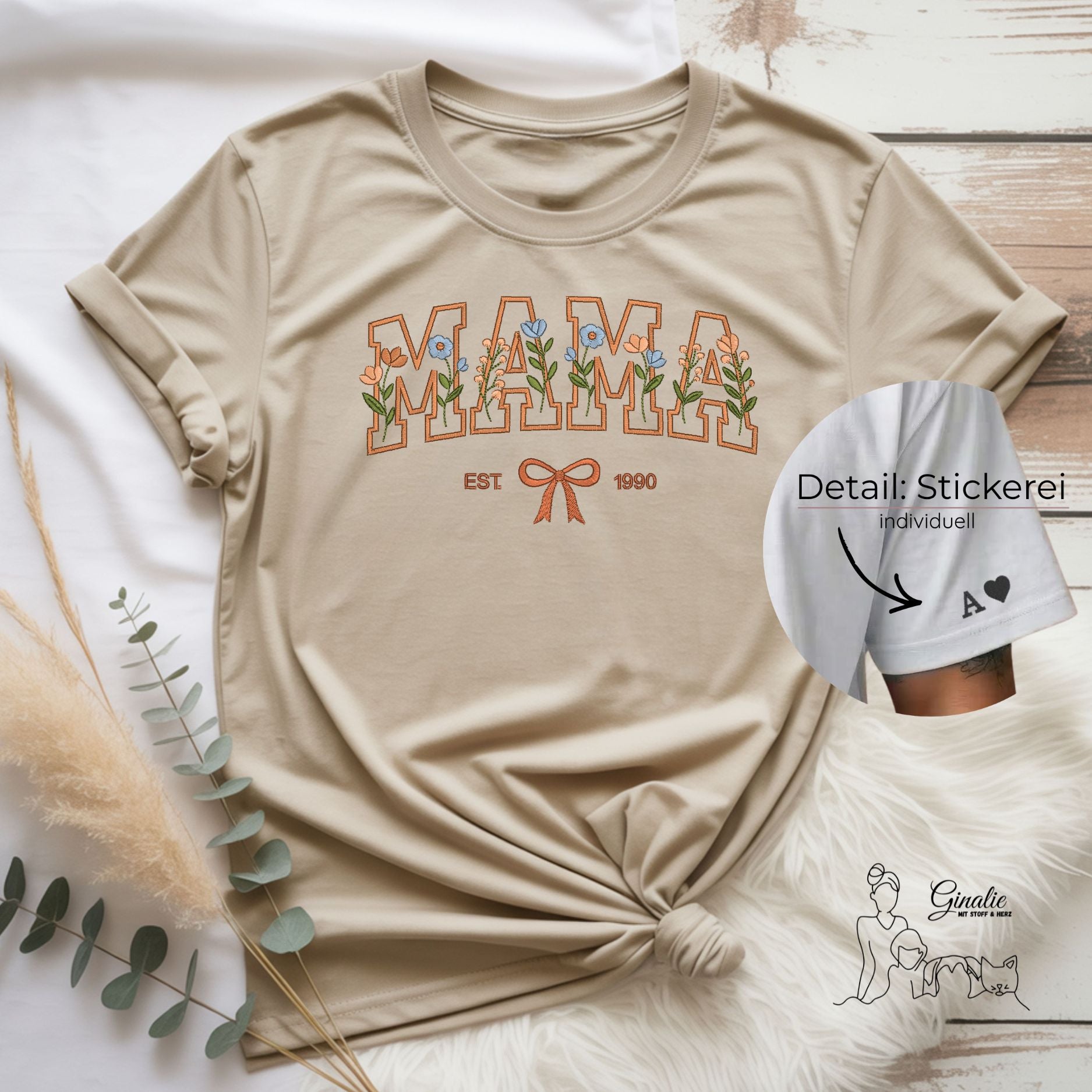 Mama T-Shirt • personalisiert mit Geburtsjahr & Ärmel-Initialen • florales Design
