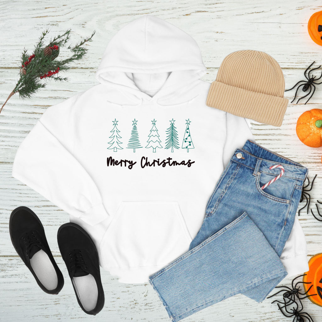 Weihnachts-Hoodie • Merry Christmas – 5 schlichte Line-Art-Bäume mit Stern