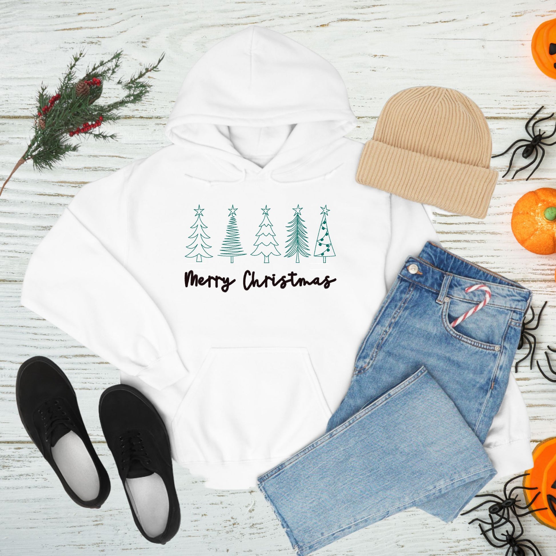 Weihnachts-Hoodie • Merry Christmas – 5 schlichte Line-Art-Bäume mit Stern