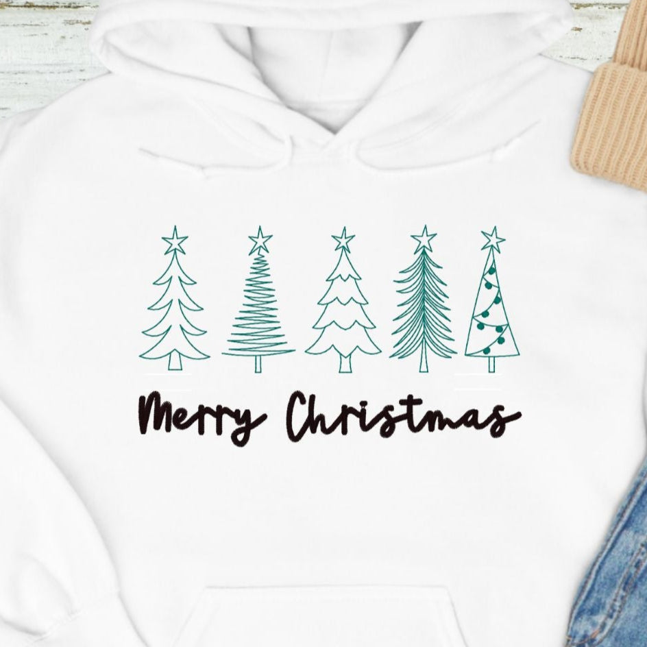 Weihnachts-Hoodie • Merry Christmas – 5 schlichte Line-Art-Bäume mit Stern