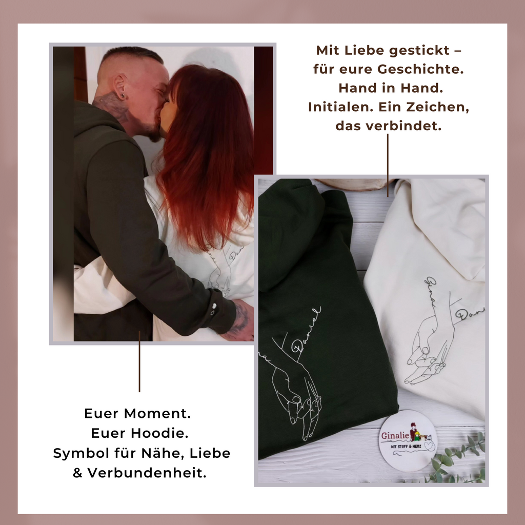 Partner Hoodie Set • Hand-in-Hand Stickerei mit Namen & Herz