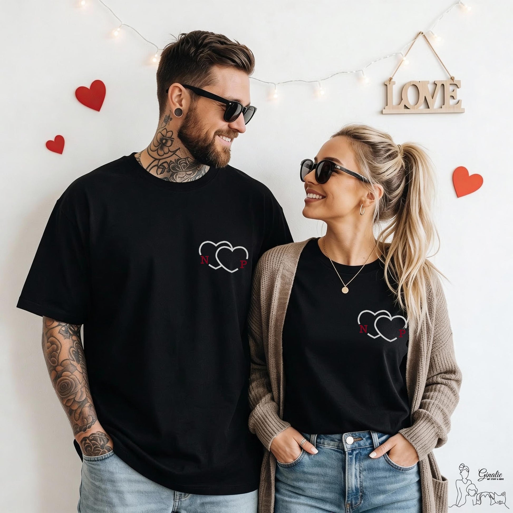 Partner T-Shirt Herz LOVE04 • personalisiert • Initialen • Couple Shirt bestickt