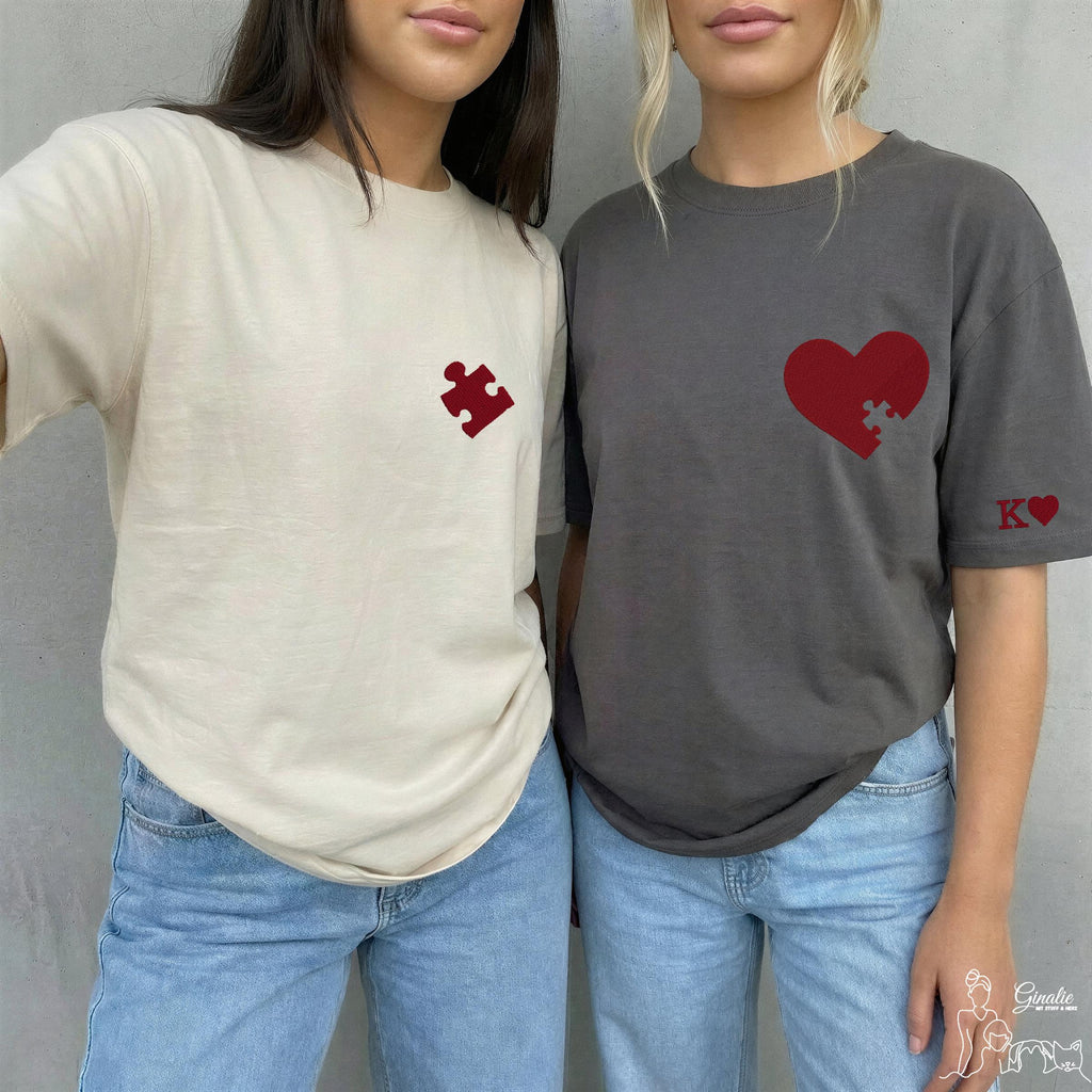 Partner T-Shirt Puzzle Herz LOVE05 • personalisiert •Couple Shirt mit Initialen • besticktes Paar Shirt