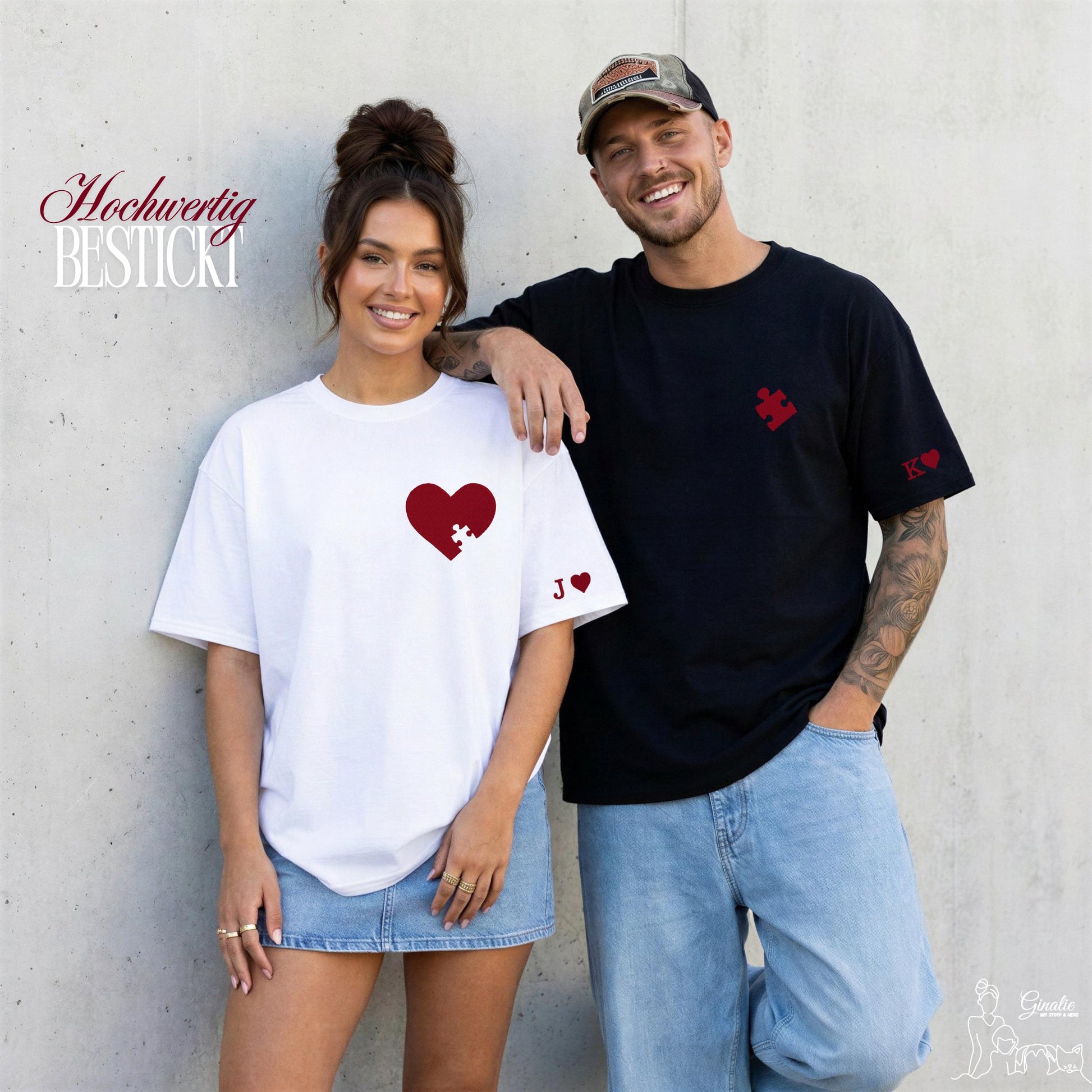Partner T-Shirt Puzzle Herz LOVE05 • personalisiert •Couple Shirt mit Initialen • besticktes Paar Shirt