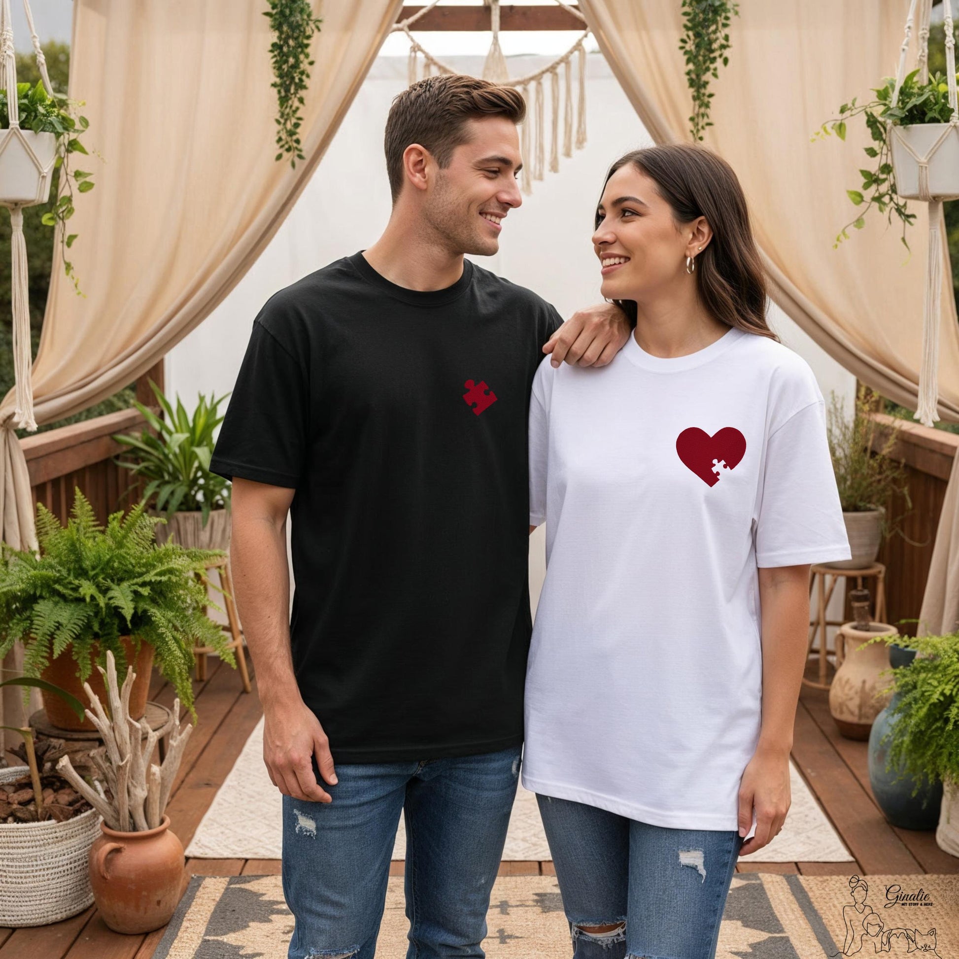 Partner T-Shirt Puzzle Herz LOVE05 • personalisiert •Couple Shirt mit Initialen • besticktes Paar Shirt