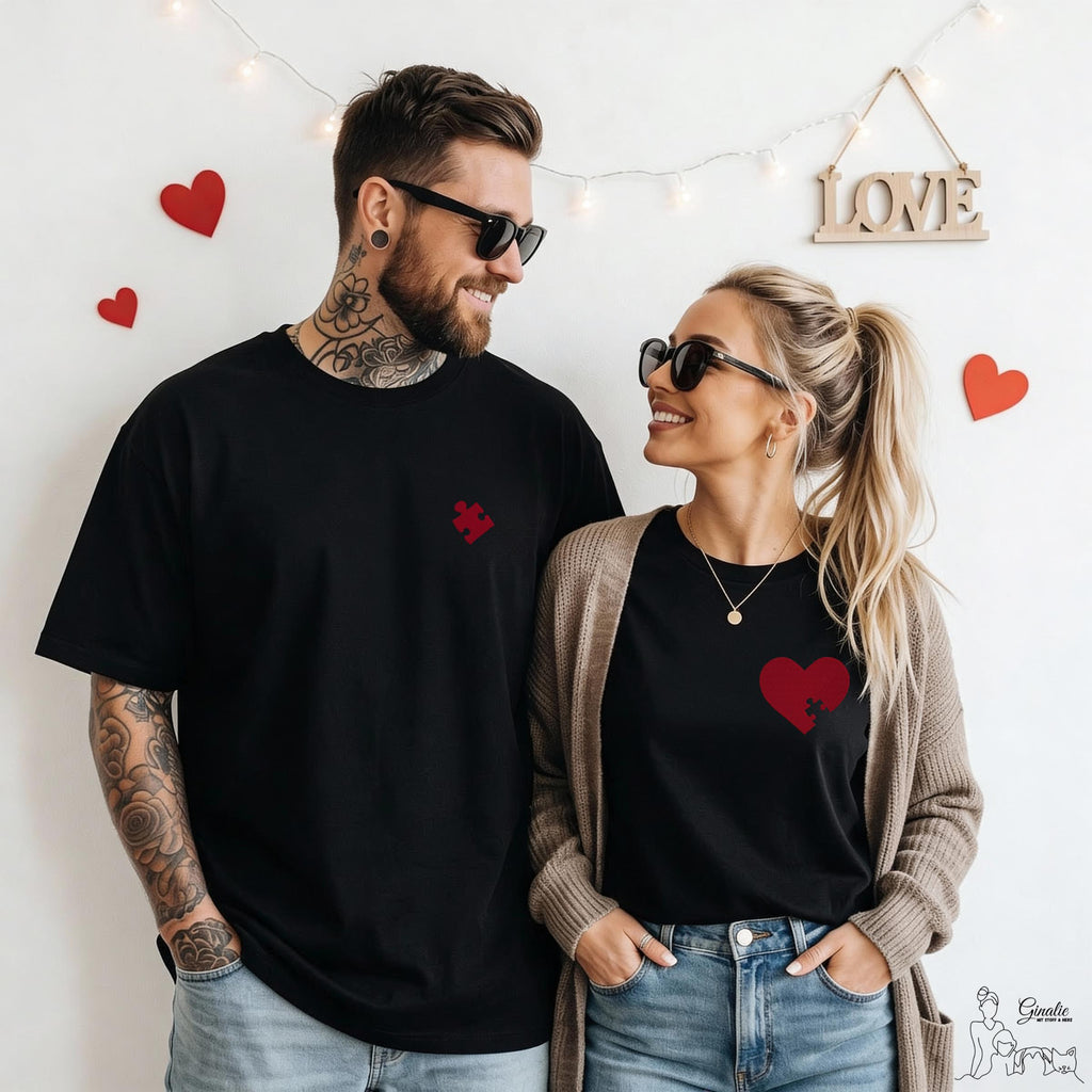 Partner T-Shirt Puzzle Herz LOVE05 • personalisiert •Couple Shirt mit Initialen • besticktes Paar Shirt