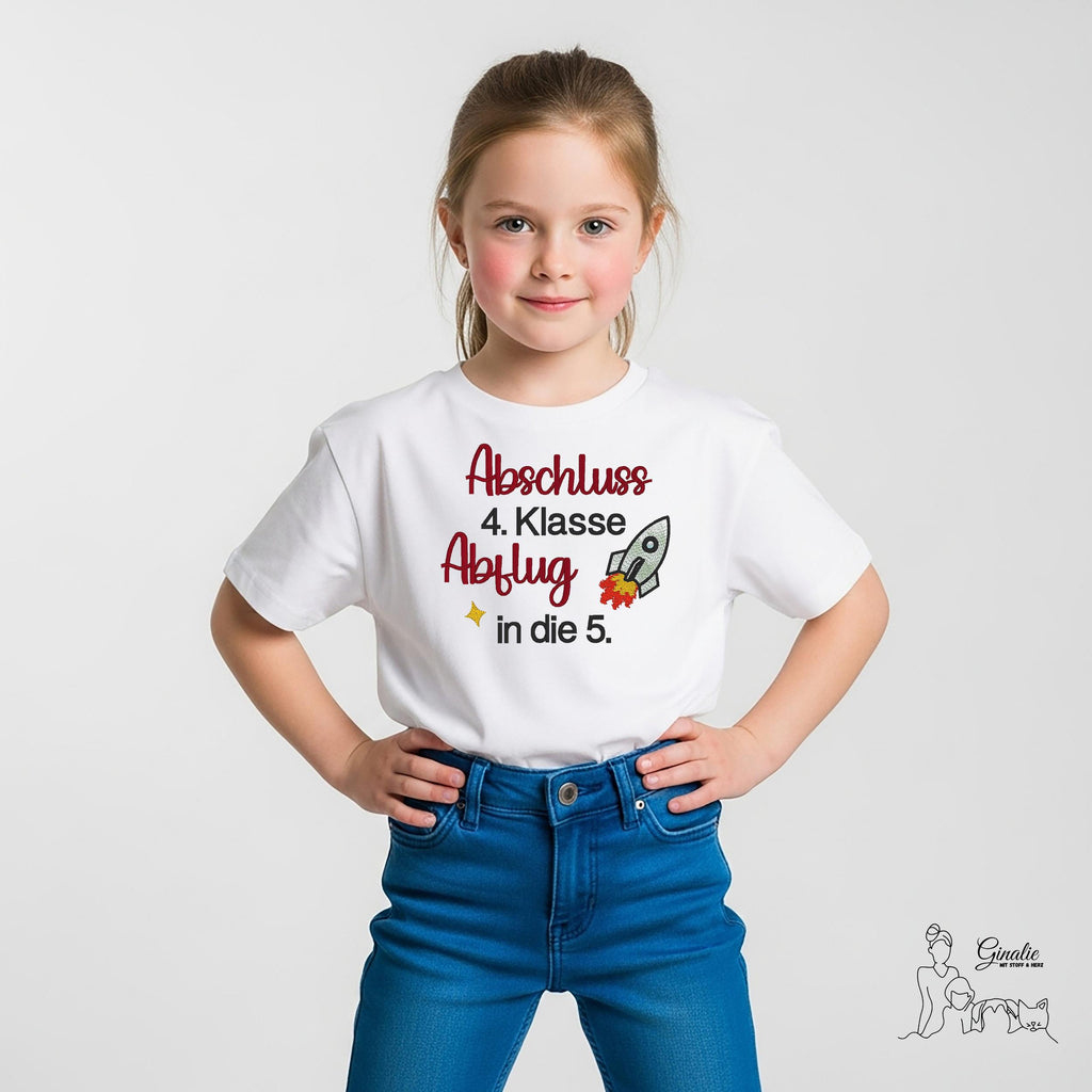 Schulkind T-Shirt SCHOOL02 • Abschluss T-Shirt bestickt • 4. Klasse • Abflug in die 5.