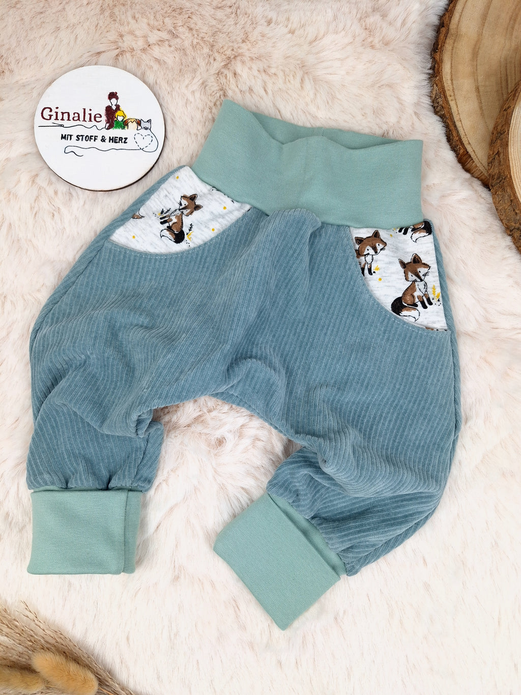 Sofortkauf Mint Retro Pumphose mit Fuchs Taschen Baby Gr. 80