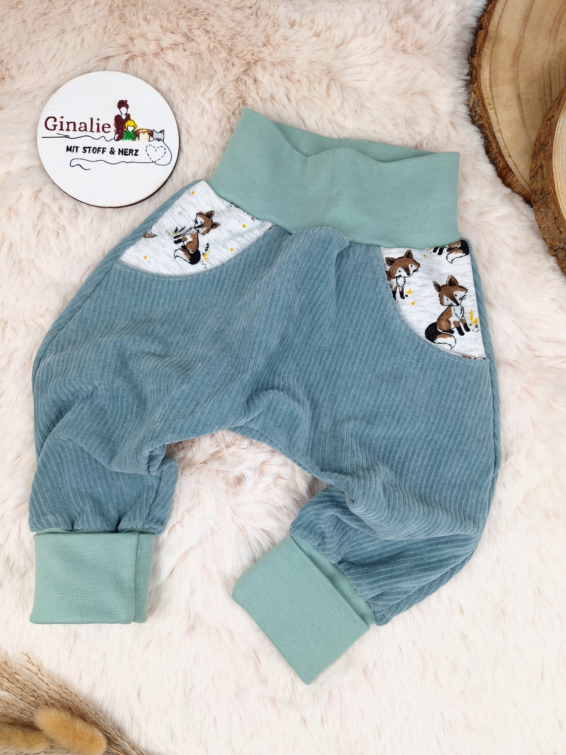 Sofortkauf Mint Retro Pumphose mit Fuchs Taschen Baby Gr. 80